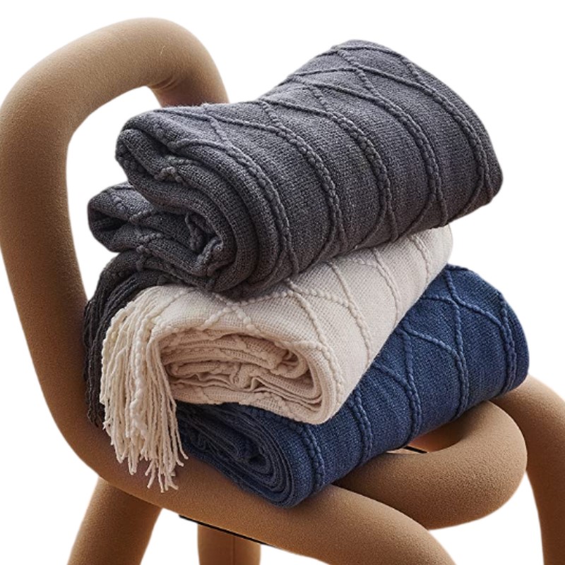 Throw Blanket Chunky Knit - Винтажное вязаное одеяло с кисточками в