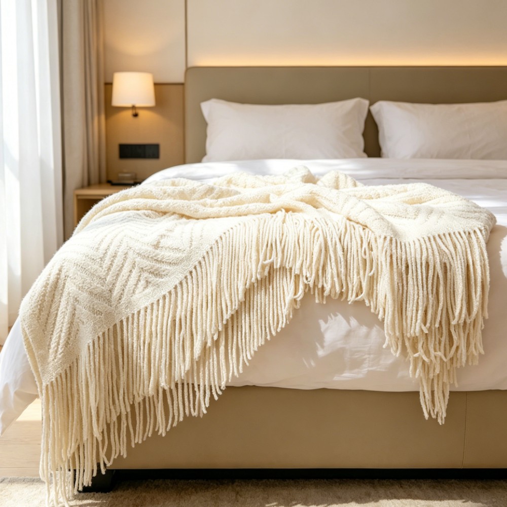 Throw Blanket Chunky Knit - Роскошный объемный кремовый плед с кисточками,